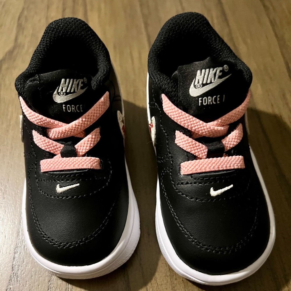 Nike Air Force 1 (One) Black, White & Rose Floral Swoosh Pink Lace Toddler Sz 4C